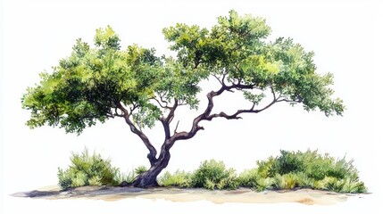 Vector Watercolor of Green Tree Side View for Landscape and Architecture