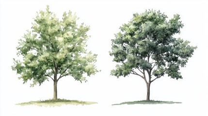 Vector Watercolor Green Tree Side View Isolated on White Background for Landscape and Architecture Drawing Elements