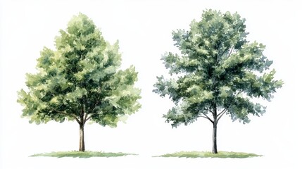 Vector Watercolor Green Tree Side View Isolated on White Background for Landscape and Architecture Drawing Elements