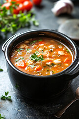 A bowl of soup with a spoon, perfect for culinary publications and food ads.