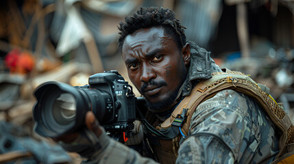 Fototapeta premium male African journalist, correspondent in war, konflikt zone, wearing tactical vest and camouflage gear. professional camera with large lens, ready to capture the unfolding events. intense, expression