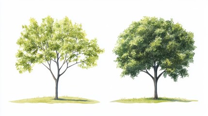 Watercolor Tree Side View Isolated on White Background for Landscape and Architecture Drawing