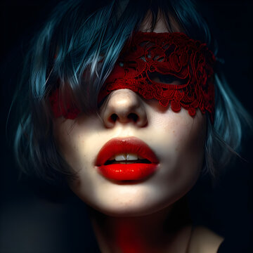 bella donna misteriosa dallo sguardo velato da una maschera di sottile filo di seta, beautiful mysterious woman with a gaze veiled by a mask of thin silk thread
