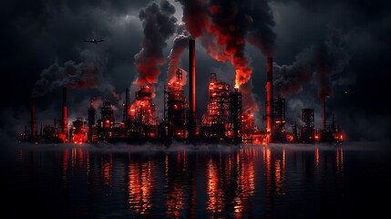 Obraz premium Night industrial pollution, fiery refinery, dark sky, plane
