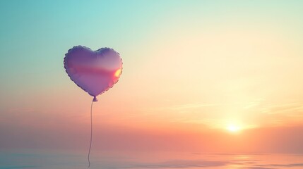 Fototapeta premium Heart shaped balloon floats at sunset over calm water