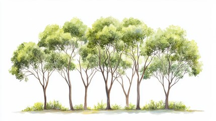 Watercolor Tree Side View Isolated on White Background for Landscape and Architecture Drawing