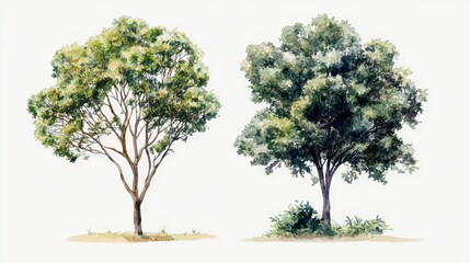 Watercolor Tree Side View Isolated on White Background for Landscape and Architecture Drawing