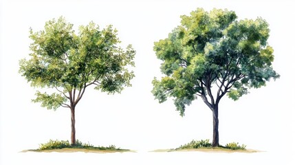 Obraz premium Watercolor Tree Side View Isolated on White Background for Landscape and Architecture Drawing