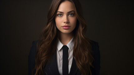 Fototapeta premium A woman with a pretty face, long brown hair, working as a businesswoman receptionist manager.
