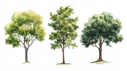 Watercolor Tree Side View Isolated on White Background for Landscape and Architecture Drawing