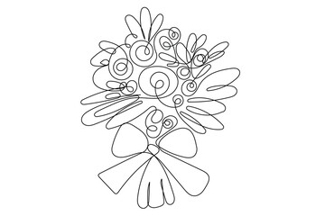 Line Art Flower Bouquet Sketch. Doodle Outline Floral Blossom Plant Illustration. Curve Editable Thin Strike Decoration. Wedding Decor Natural Symbol. Card or Invitation Element Border Design.