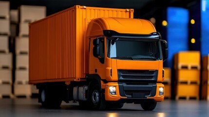 Orange Semi-Truck in Warehouse: A vibrant orange semi-truck stands proudly in a modern warehouse, signifying efficient logistics and seamless transportation.
