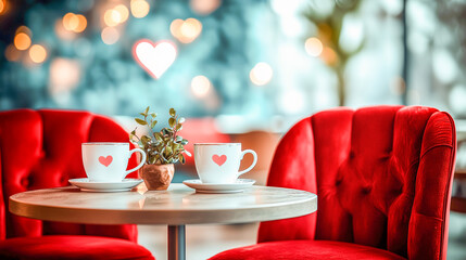 Cozy cafe setting with heart-themed cups and bright decorations perfect for a romantic outing
