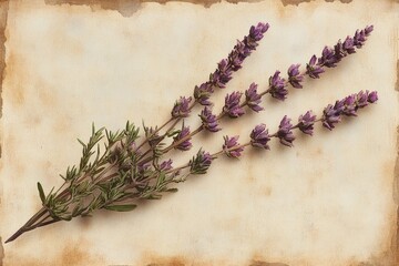 Fototapeta premium Lavender Sprigs on Rustic Paper Background: Aromatic Purple Blooms and Natural Texture