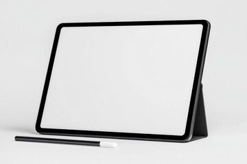 Modern tablet with stylus on edge showcasing minimalist design and blank screen against a pure white background