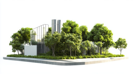Obraz premium modern bioenergy facility surrounded by lush greenery and trees, showcasing sustainable architecture and eco friendly design