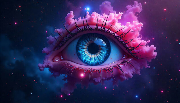One big eye of the universe that sees everything. The background is a dark blue cosmos with many colorful galaxies,