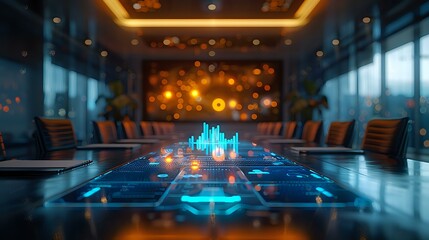 Modern corporate boardroom with futuristic holographic display showing business analytics and data visualization projected on conference table, perfect for technology and innovation concepts.