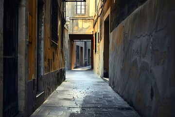 Obraz premium Sunlit cobblestone alleyway between aged, yellow and grey buildings. Narrow passage, showing aged walls and doors. Classic European architecture.