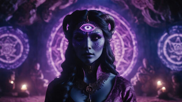 A mysterious black-haired, horned young woman with purple scales on her skin and a third eye in the middle of her forehead. The background is a purple cave.