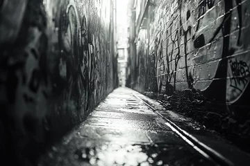Moody black-and-white alley captured with intricate graffiti and soft lighting enhancing urban textures