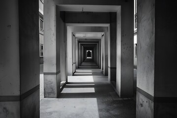 Fototapeta premium A long, narrow, monochrome corridor with repeating concrete pillars and receding perspective. Sunlight casts shadows, creating depth and a sense of mystery.