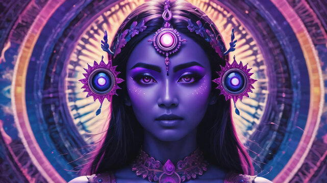 A young woman with black hair and purple skin had a third eye in the middle of her forehead. The background is a circular halo.