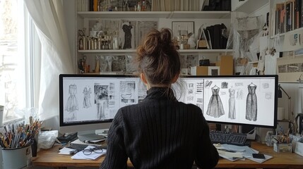 Fashion Designer Working on Dress Sketches in a Creative Studio with Dual Monitors