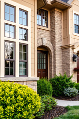 Naklejka premium Luxury Home Exterior: Brick Facade, Landscaping, and Architectural Details