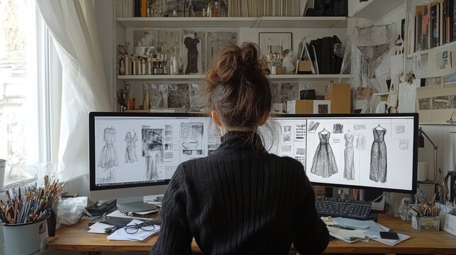 Fashion Designer Working on Dress Sketches in a Creative Studio with Dual Monitors