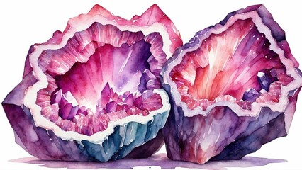 Obraz premium Watercolor illustration of stunning amethyst geodes with vibrant crystals and intricate details for artistic design