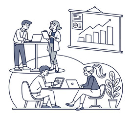 One line art group business team meeting and working collaboration in office workplace concept. flat vector illustration set cartoon character design concept