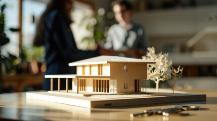 Architectural model showcasing modern design in workshop with project discussion among designers during daytime