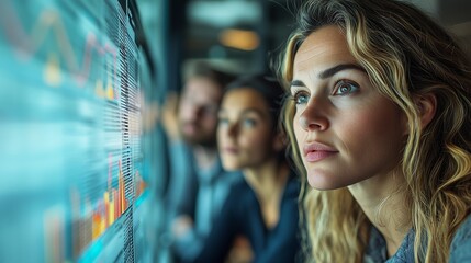 Market Analysis with Graphs and Charts. A diverse group of professionals analyzing data charts on a large glass board in a modern office.