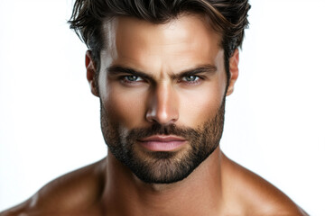 Obraz premium man with a beard and a shaved head. He has a serious look on his face.