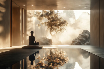 person is meditating in a pool with a tree in the background. The atmosphere of the image is calm and tranquil, as the person is focused on their breathing and the natural surroundings