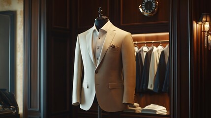 Elegant beige suit displayed on a mannequin in a luxurious boutique setting with wooden paneling