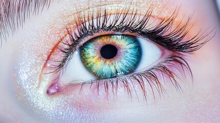 A close-up of an eye with long lashes, the iris glowing with vibrant colors, surrounded by soft, warm light that creates a dreamy reflection and detailed shadows around the eye.