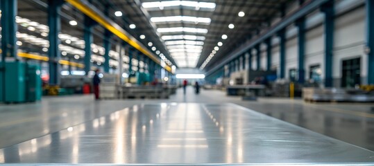  Blurred industrial factory background with an empty polished steel table in focus, capturing a clean and professional manufacturing environment.