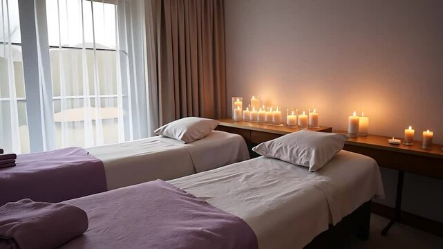 Spa room with massage beds and candles