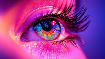 A close-up of an eye with long lashes, the iris glowing with vibrant colors, surrounded by soft, warm light that creates a dreamy reflection and detailed shadows around the eye.