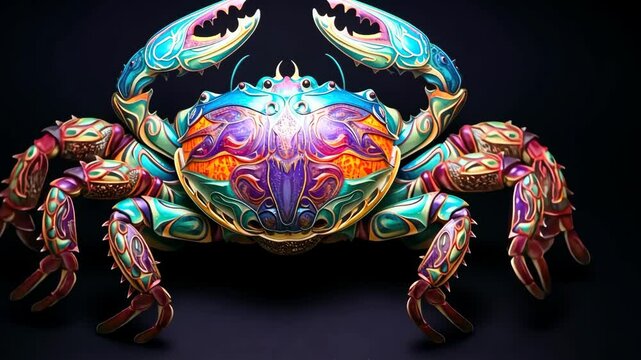 Sign of the zodiac Cancer in vibrant, holographic colors. Mysticism with a touch of surrealism. Astrological sign crab on dark background. Horoscope.
