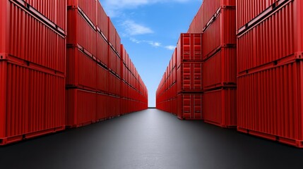 Red Shipping Containers: A perspective view down a long corridor of stacked red shipping containers, stretching towards a bright blue sky.  The image symbolizes global trade, logistics.