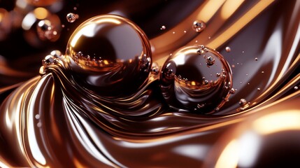 Abstract chocolate balls and liquid wave art digital rendering with highlights