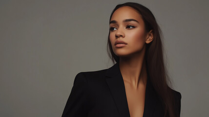 Fototapeta premium Image of a stunning half-body portrait of a confident businesswoman wearing a sleek black blazer, standing against a neutral gray background