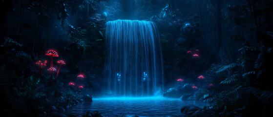 Fototapeta premium mystical moonlit waterfall cascades into serene pool, surrounded by glowing mushrooms and lush foliage, creating enchanting atmosphere