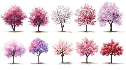 Vector set of spring blossom tree blooming plants for landscape elevation and section eco environment concept