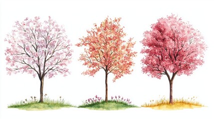 Fototapeta premium Vector set of spring blossom tree blooming plants for landscape elevation and section eco environment concept