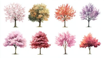 Fototapeta premium Vector set of spring blossom tree blooming plants for landscape elevation and section eco environment concept