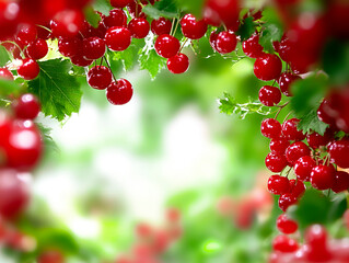 Obraz premium Bright redcurrants hanging from lush green branches, glistening in soft sunlight with a blurred natural background, creating a fresh and vibrant summer atmosphere.